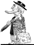 A caricature showing an old man holding an umbrella and a bag.