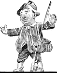 A caricature showing a man with a fishing poleand a bag.
