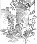 A young boy trying to chop down a tree with an axe.