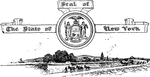 The United States seal of New York with a backdrop of the Erie Canal.