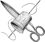 A pair of scissors along with a needle, thread, and thimble.