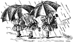 Three girls in the rain holding umbrellas.