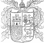 The Arms of Columbus. There is no wholly satisfactory statement regarding the origin of these arms or the Admiral's right to bear them. It is the quartering of the royal lion and castle, for Arragon and Castile, with gold islands in azure waves. Five anchors and the motto, "A [or Por] Castilla y a [or Por] Leon Nuevo Munido Dio [or Hallo] Colon," were later given or assumed. The crest varies in the Oviedo of 1535.