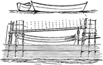 A small boat; especially a small flat bottomed boat used in sea fisheries, in which to go out from a larger vessel to catch fish.