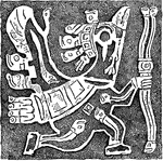 Winged human figure with the crowned head of a condor, from the central row on the monolithic doorway. Details that show Tiahuanacu existed.