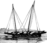 A boat of Sumatra and the Malay archipelago, with from one to three masts, generally two, carrying square sails, and having much overhang or prejection at both stem and stern.