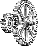 A pinion and spur gear meshed together.