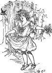 A girl in the woods with flowers and a bird.