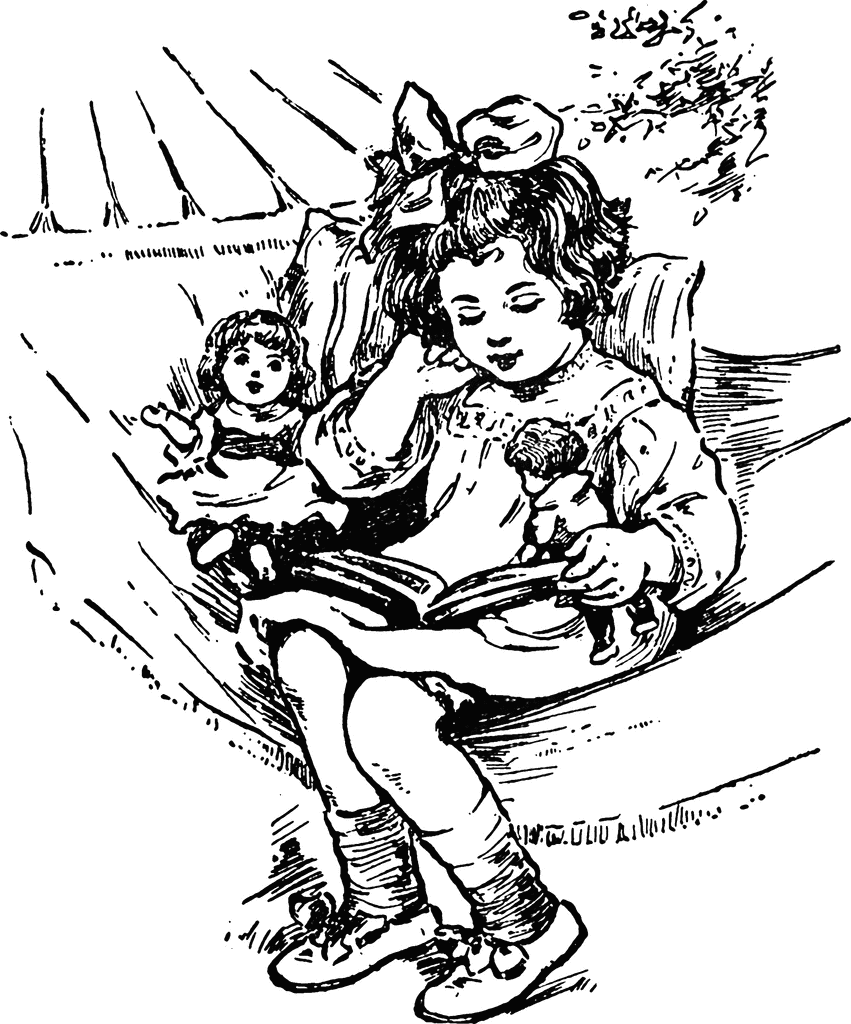 little girl reading clipart black and white