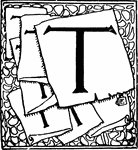 Capital letter T with pieces of parchment in the background.