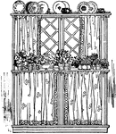 A window decorated with drapes and ornametal plates and flowers.