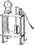 "The air pump is an instrument for removing air from a given space. A closed vessel R is called the receiver, and the space that it encloses is that from which it is desired to remove the air. It is usually made of glass, and the edges are ground so as to be perfectly air-tight. When made in the form shown, it is called a bell-jar receiver." &mdash; Hallock, 1905