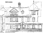 A blueprint showing the elevation of a house from the front.
