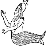 "The name of a Babylonian god, who, in the first year of the foundation of Babylon, is said to have come out of the Persian Gulf, or the old Erythraean Sea, adjoining Babylon. He is described as having the head and body of a fish, to which were added a human head and feet under the fish's head and at the sail. He lived amongst men during the daytime, without, however, taking any food, and retired at sunset to the sea, from which he had emerged." &mdash; Chambers, 1881