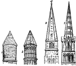 "1, Turret, St. Peter's Church, Oxford; 2, Turret, Rochester Cathedral; 3, St. Mary's Church, Cheltenham; 4, Bayeux Church, Normandy." &mdash; Chambers, 1881
