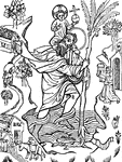 "This wood-engraving represents St. Christopher carrying the infant saviour across the sea, and is dated 1423. The inscription at the bottom has been thus translated: 'In whichever day thou seest the likeness of St. Christopher, in that same day thou wilt, at least, from death no evil blow incur." — Chambers, 1881