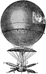 A, The Balloon made of taffeta, 25 feet in diameter covered with a net; B, the car suspended by longitudinal cords from the hoop C; D, the wings moved by rack-work E; F, a parachute or umbrella to break the force of descent if the balloon should burst; G, A tube communicating with the inside of the balloon.