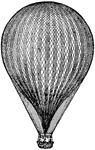 A hot air balloon encased with a net, mid flight.
