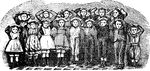 Fifteen children holding their hands above their heads.