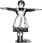 A girl standing with her hands straight out in the air.