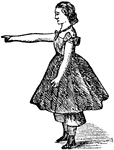 A girl standing with her arm in front of her, pointing at something.