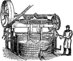 "This machine consists of two vertical shafts, carrying radial arms. These arms pass each other in opposite directions, so that, in addition to a tearing action on the dough, which the knives have on passing each other, they have a screw action, pressing the dough down on one side and up on the other. The vessels containing the dough are made of wood, of an oval form, to correspong with the action of the machine." &mdash; Encyclopedia Britanica, 1893