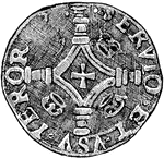 The front of a Scotch billon coin worth about two thirds of the United States cent in the fifteenth century.
