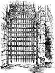 A strong grating of timber or iron, somewhat resembling a harrow, made to slide in vertical grooves in the jambs of an enterance gate of a fortified place.