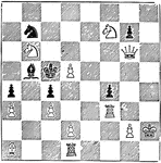 "One of the first-prize set of the Bristol Tourney, 1861. White to play and mate in three moves." &mdash; Encyclopedia Britanica, 1893