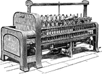 "The spinning frame, or throstle, is made with two sets of drawing rollers, one on each side. Between these the roving bobbins are placed, and the rove is drawn through them to the requisite fineness, and formed into thread by the action of the spindles and flyers, which are placed in front of each set of rollers, at such distances apart from one another as may be required for the different-sized bobbins and counts of yarn to be spun." &mdash; Encyclopedia Britannica, 1893