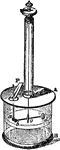 "ABCD is a cylinder of glass 1 foot in diameter and 1 foot high. This cylinder is closed by a glass lid pierced centrically by two openings, each about 20 lines wide. Into the middle opening is cemented a glass tube 2 feet high, to the upper end of which is fitted a torsion head; the separate parts of the head are shown larger at the side of the figure. H is a collar cemented to the glass tube; MO a metal disc, divided on the edge into 360 degrees; this disc is fastened to a tube N, which slips into the collar H. K is a button whose neck turns easily in a hole in MO; to the lower part of the button is fastened a small clamp, which seizes the wire of the balance. I is an arm with a small projecting piece which slips over the edge of the disc MO." &mdash; Encyclopedia Britannica, 1893