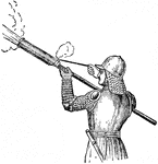 "The hand-gun was used by both infantry and cavalry; it consisted of a simple iron or brass tube with touch-hole at the top, fixed on a straight stock of wood; when used on foot, the soldier held it firmly by passing the stock under the arm; when used on horseback he stock was shortened to butt against the breast, the barrel resting on a fork secured to the saddle bow." &mdash; Encyclopedia Britannica, 1893