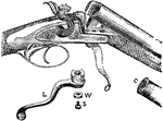 "Central-fire Gun. C, central-fire cartridge; L, lever; W, washer; S, screw." &mdash; Encyclopedia Britannica, 1893