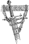 One of the arms or branches of the cross guard of a sword.