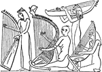 "This primitive-looking instrument was played horizontally, being born upon the performer's shoulder. between it and the grand vertical harps in the frescos of the time of Rameses III, More than 3000 years old, paintings discovered by the Laveller Bruce, there are varieties that permit us to bind the whole, from the simplest bow-form to the almost triangular harp, in to one family." &mdash; Encyclopediia Britannica, 1893