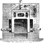 "The Gold Medal Boiler is perhaps one of the best of these modified saddles, and like the others has a dome or arch a, and back water-way b; the heated products of combustion striking against this back are sent up the central flue c, and then diverted into the side flues d, d, before passing into the chimney shaft e." &mdash; Encyclopedia Britannica, 1893