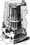 "The Duplex is made in two equal parts, each being capable of being worked alone. Each section consists of a semicircle of upright tubes forming the boiler proper, fitted with the diaphragm a, horizontal pipes forming the furnace f, a flow pipe b and a return pipe c, and an outlet d for removing sedimentary deposits from the interior." &mdash; Encyclopedia Britannica, 1893