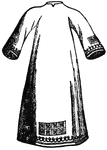 "The long white linen vestment worn in early times by all ecclesiastics at divine service. It differed from the more modern surplice, which is only a modification of it, in having narrower sleeves. At the foot and wrists were embroidered ornaments called apparels." — Chambers' Encyclopedia, 1875