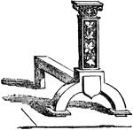 "Andirons were used for burning wood on an open hearth, and consisted of a horizontal bar raised on short supports, with an upright standard at one end." &mdash; Chambers' Encyclopedia, 1875