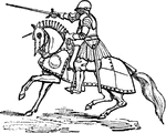 A man wearing a full suit of armor riding a horse.