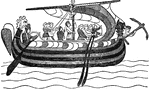 "Bayeux Tapestry. Harold coming to anchor on the coast of Normandy." &mdash; Chambers' Encyclopedia, 1875
