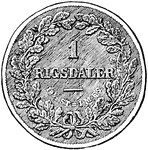 The rear of a large silver coin used during the eighteenth century. Rigsdaler of Denmark.