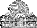 Cross section of Hagia Sophia in Istanbul (historically Constantinople). The Greek name Hagia Sophia means "Holy Wisdom." It is known as Ayasofya in Turkish.
<p>The building was originally constructed as a church between A.D. 532 and 537 on the orders of the Byzantine Emperor Justinian I. In 1453, Constantinople was conquered by the Ottoman Empire under Mehmed the Conqueror, who ordered the building be converted into a mosque. It was closed in 1931 and reopened as a museum in 1935. This important milestone in the history of architecture was the world's largest cathedral for nearly a thousand years. It also greatly influenced the design of Ottoman mosques, including the nearby Blue Mosque.