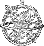 "Armillary Sphere, an instrument used in astronomy. In its simplest form, consisting of a ring fixed in the plane of the equator, the armilla is one of the most ancient of astronomical instruments. Slightly developed, it was crossed by another ring fixed in the plane of the meridian." &mdash; The Encyclopedia Britannica, 1910