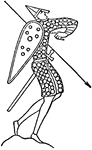 A heavily armored man with a sword, shield and spear.