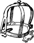 "Brank, or Branks, an instrument and formerly used in Scotland, and to some extent also in England, as a punishment for scolds. It consisted of an iron frame which went over the head of the offender, and had in front an iron plate which was inserted in the mouth, where it was fixed above the tongue, and kept it perfectly quiet." &mdash; Winston's Encyclopedia, 1919