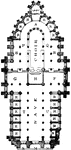 "Plan of Amiens Cathedral. A, Apsidal aisle. B B, Outer aisles of choir. F G, Transepts. H, Central tower. I J, Western turrets. M, Principal or western doorway. N N, Western side doors. P Q, North and south aisles of choir. R R R, Chapels. T U, North and south aisles of nave." &mdash; Winston's Encyclopedia, 1919