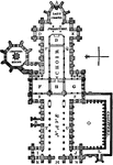 "Plan of Wells Cathedral. A, Apse or apsis. B, Altar, altar-platform, and altar-steps. D E, Eastern or lesser transept. F G, Western or greater transept. H, Central towers. I J, Western towers. K, North porch. L, Library or register. M, Principal or western doorway. N N, Western side doors. O, Cloister yard or garth. P Q, North and south aisles of choir. R S, East and west aisles of transept. T U, North and south aisles of nave. R R, Chapels. V, Rood screen or organ loft. W, Altar of Lazy chapel." &mdash; Winston's Encyclopedia, 1919
