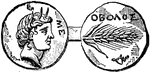 "A small coin of ancient Greece, in later times of silver, the sixth part of an Attic drachma, equal to 2.5 cents; multiples and sub-multiples of this coin were also used, and pieces of the value of 5, 4, 3, 2, 1.5 oboli, and 1/2, 1/3, 11/4th of an obolus respectively are to be found in collections." &mdash; Winston's Encyclopedia, 1919