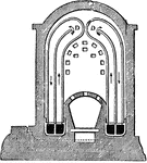 "The "pistol pipe" stove, still largely used, chiefly differs from this in having the limbs of the U tube closely adjacent, so as to consist in fact of a single tube with the partition D in the center, the cold air passing up one side of the partition and down the other so as to become heated in passing; to accommodate the pipe to an arched roof, the upper end is bent inwards, thus giving the form of a pistol stock and barrel to the double pipe, two ranks of pipes facing one another being built in the same stove." &mdash; The Encyclopedia Britannica, 1893